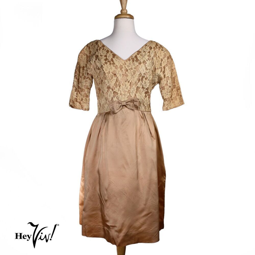 Vintage 50s 60s Emma Domb Satin Lace Party Dress w Crinoline B36 W 29 - Hey Viv